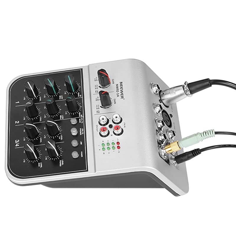 Mixing Console Compact Audio Sound 4Channel Mixer for Condenser Microphone with 48V Phantom Power 2 Band EQ 2way Stereo Line Input RCA InputOutput 4 Band LED Level Indicator NW021A