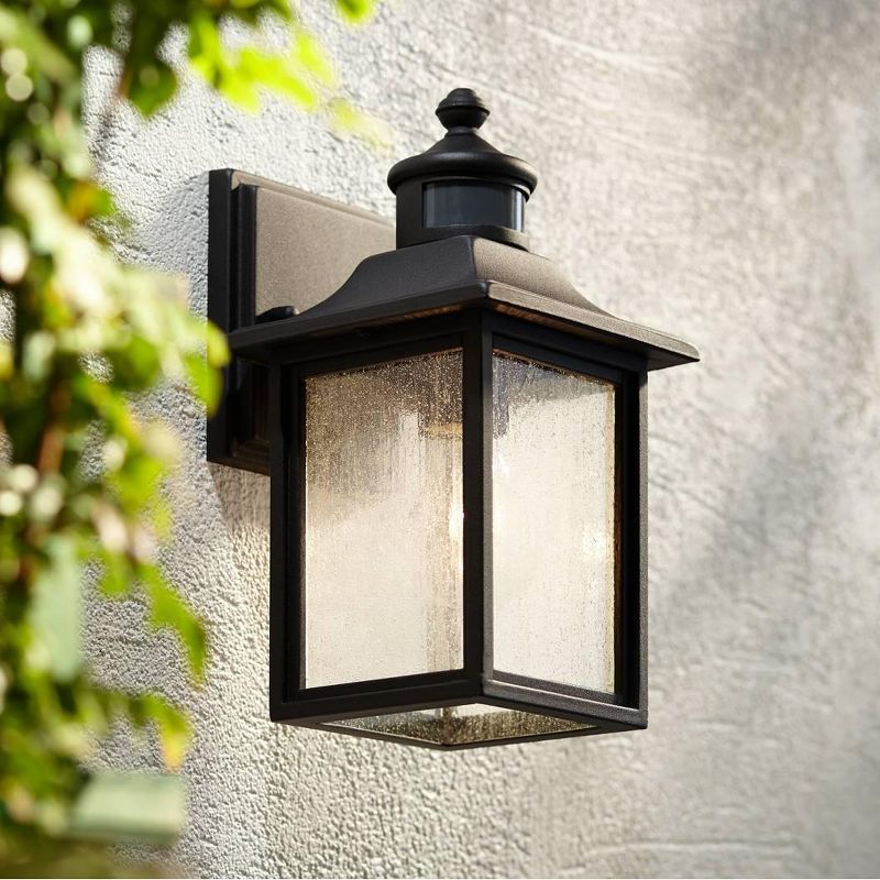 John Timberland Outdoor Wall Light Fixture Black Steel 11 1/2" Seedy Glass Motion Security Sensor for Exterior House Porch Patio Deck