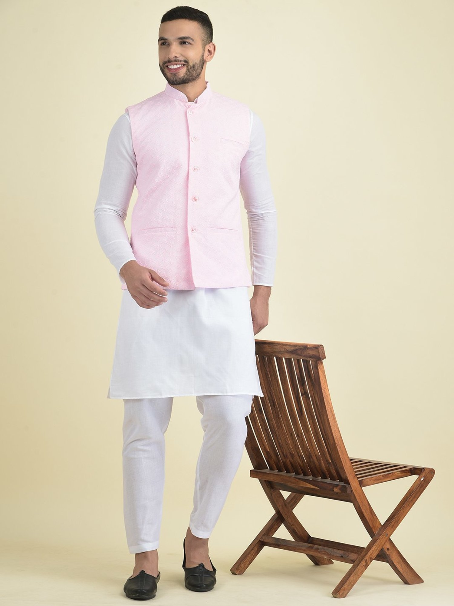 Deyann Pink & White Cotton Regular Fit Embroidered Kurta Set With Jacket