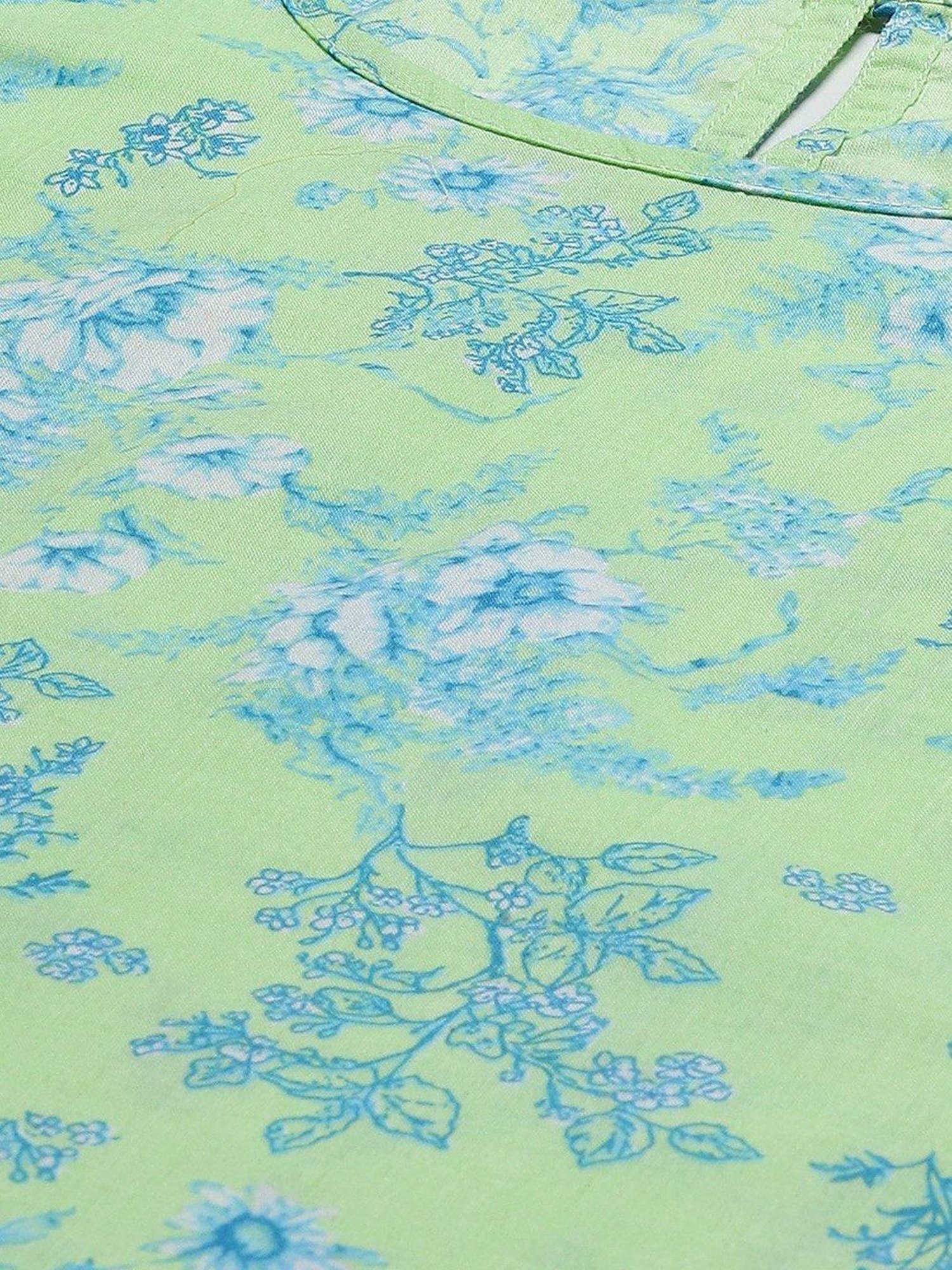 BIBA Girls Apple Green Cotton Floral Print Top