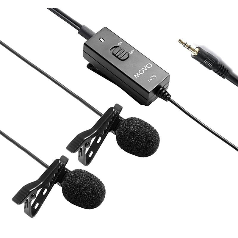 LV20 Dual Lavalier Microphone - Clip-on Omnidirectional Condenser Interview Microphone Set for Cameras, Camcorders, and Recorders