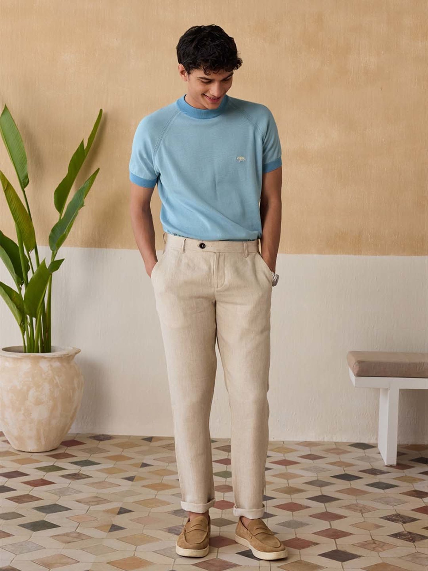 Andamen Blue Cotton Regular Fit T-Shirt