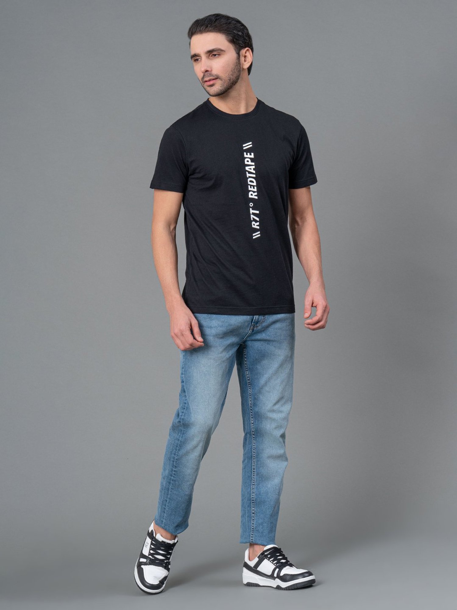 Red Tape Black Regular Fit Graphic Print Cotton Crew T-Shirt