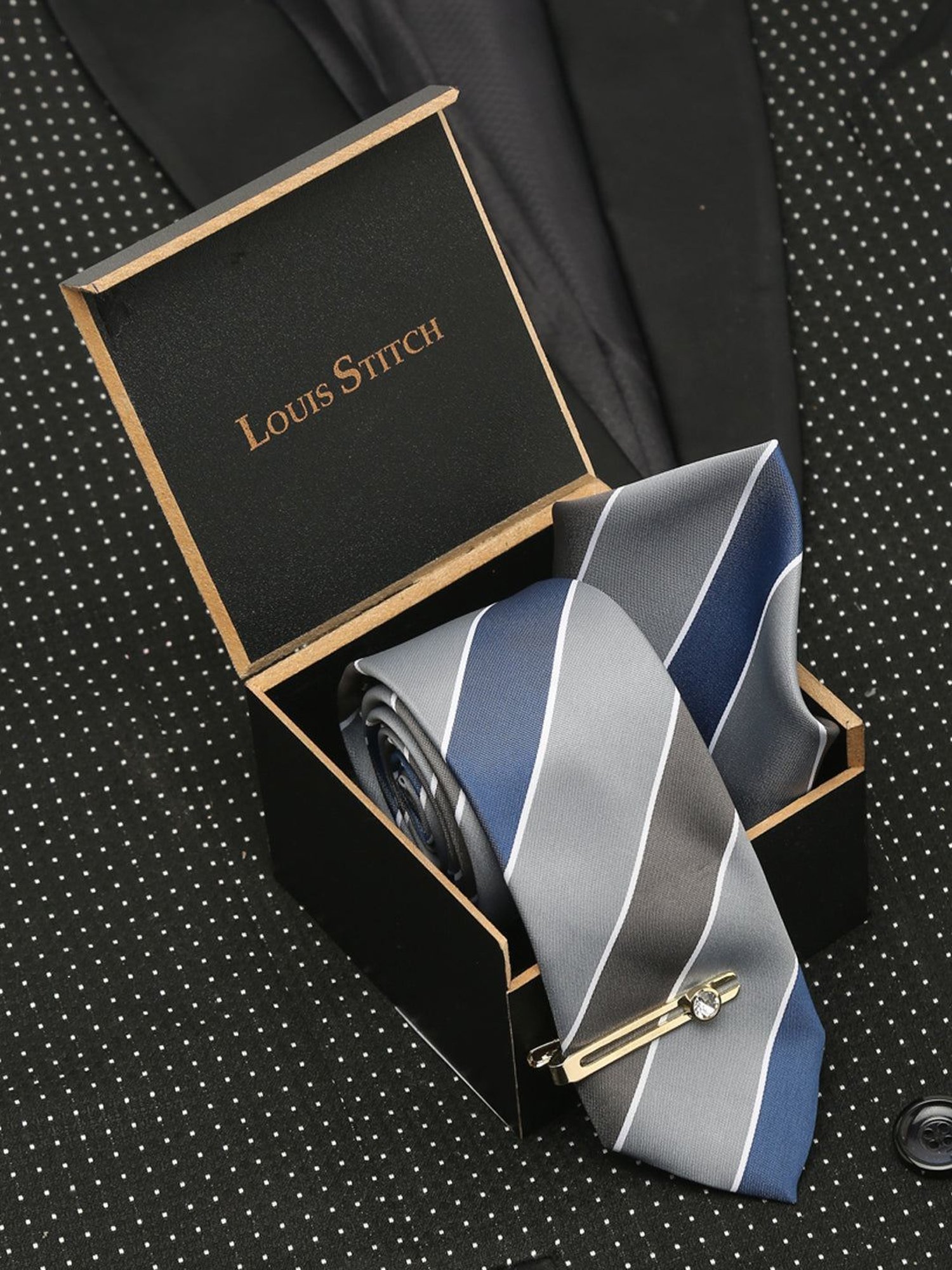 Louis Stitch Blue Printed Necktie Gift Set - Set of 3