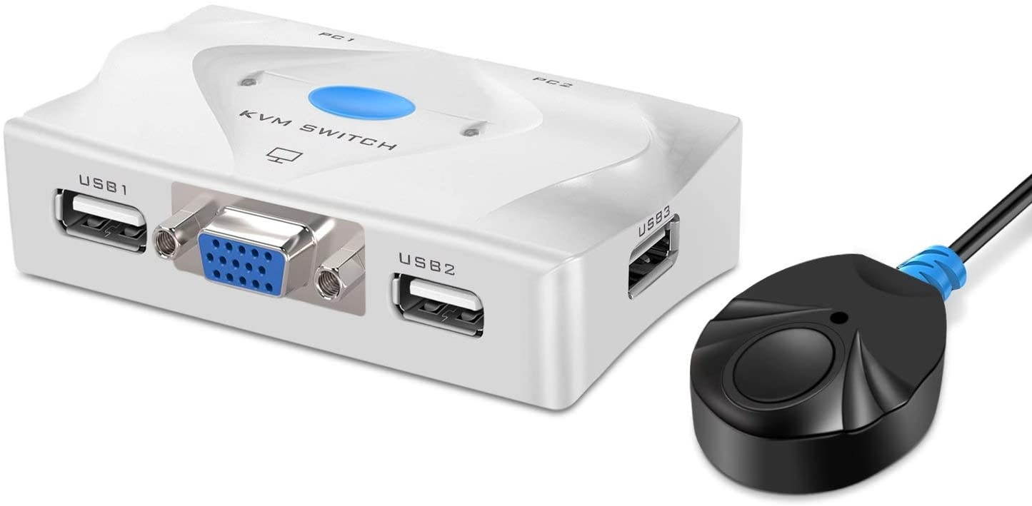 VGA KVM Switch (2 Port) Dual Computer Monitor Display Selector w/KMV Cables & USB 2.0 Hub - Desktop Remote Controller Button & Hot-Key Switcher Keyboard Mouse Switch Extender Box for PC & Mac