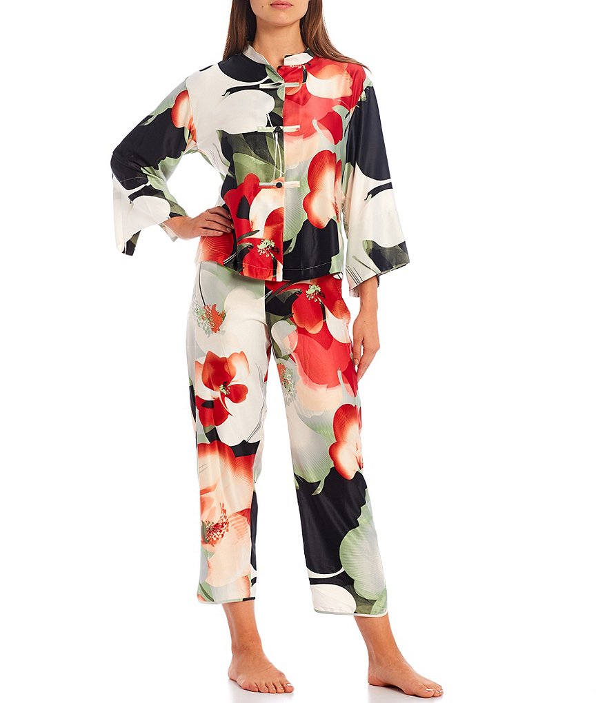 Natori Exotic Poppy Floral Print Long Sleeve Satin Coordinating Pajama Set