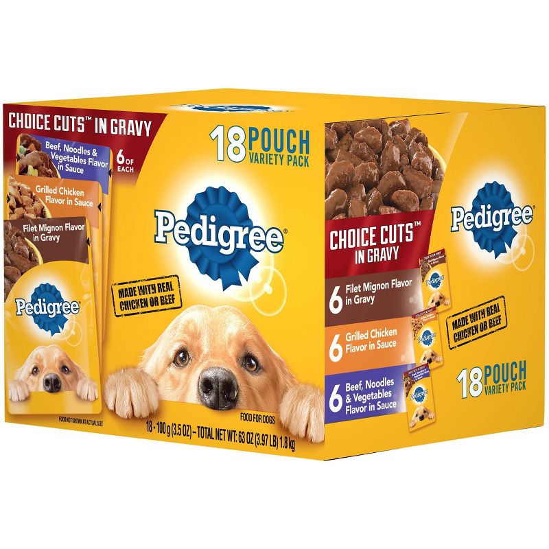 Pedigree Pouch Choice Cuts In Gravy Wet Dog Food Beef, Grilled Chicken & Filet Mignon - 3.5oz/18ct Variety Pack