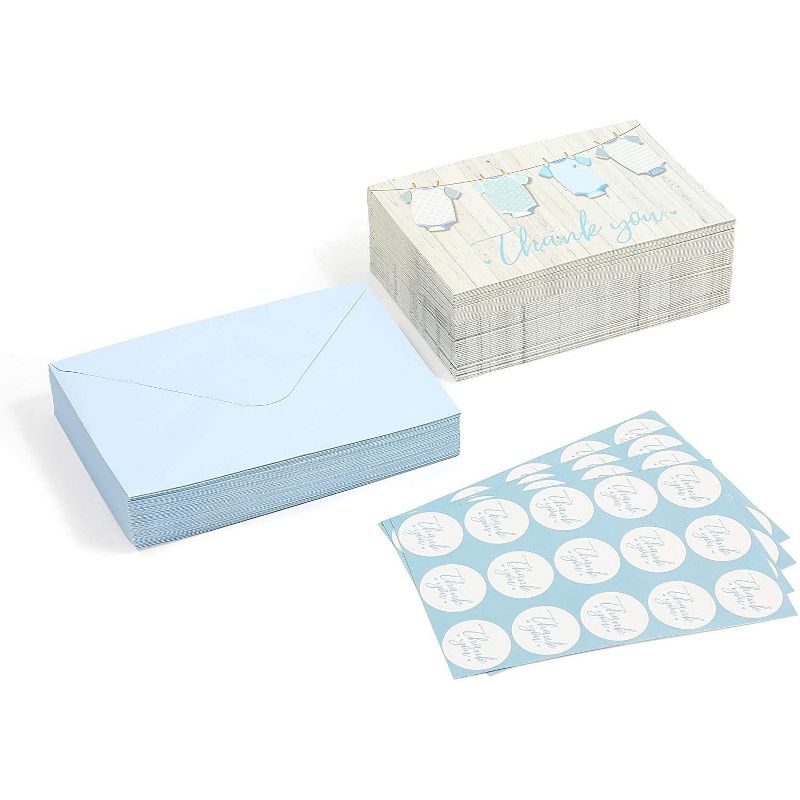 60-Pack Baby Shower Thank You Cards for Boy, Gender Reveal Parties, Blue Envelopes & Sticker Included