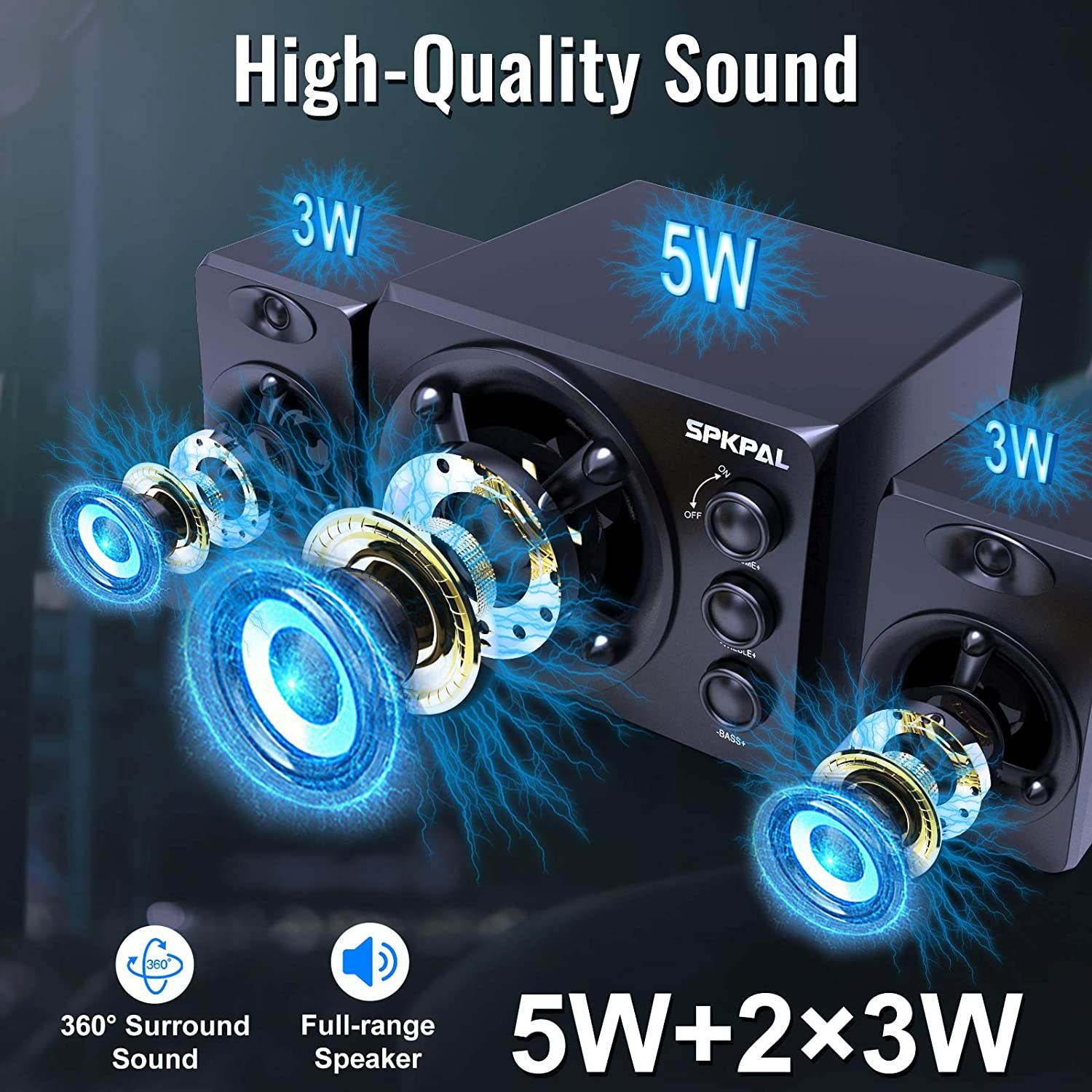 Computer Speaker with Subwoofer  USB-Powered 2.1 Multimedia Speakers System,3.5mm Aux Input with LED Atmosphere Light Stereo Wired Desktop Speaker for Gaming PC,Laptops,Tablets