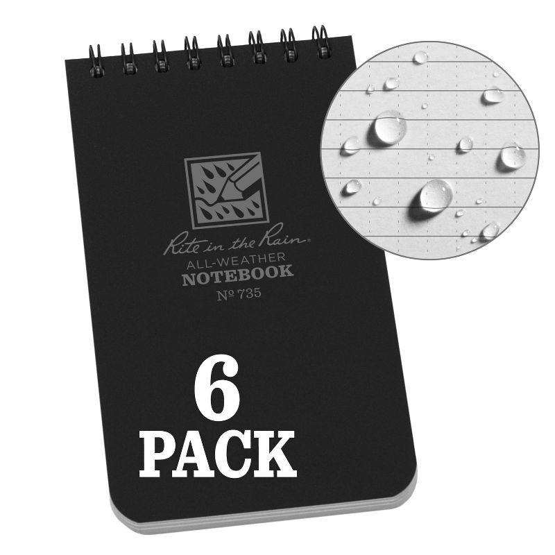 6pk Spiral Notebook 1 Subject Special Ruled 3" x 5" Black - Rite in the Rain