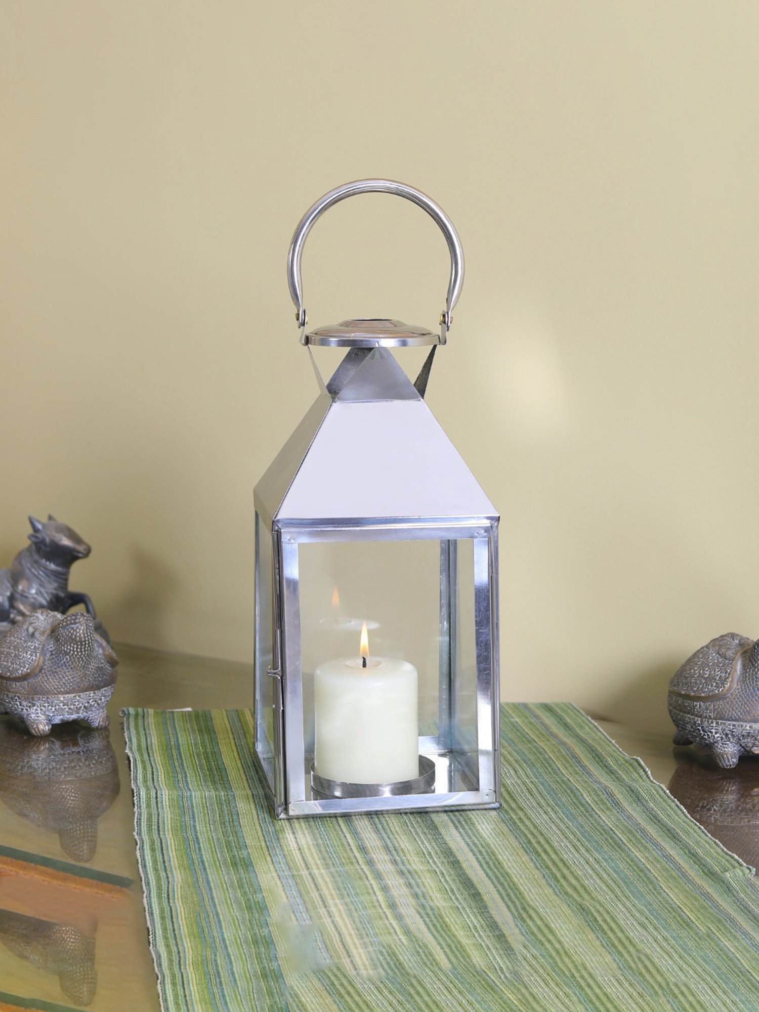 HOSLEY Silver Metal Classic Style Lantern Candle Holder with Pillar Candle (12.5inch)
