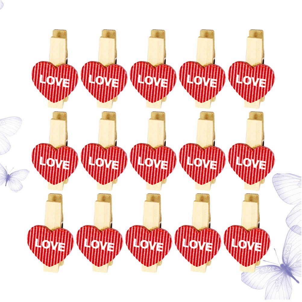 50PCS Decorative Wooden Clamp Clips Photo Clips Note Memo Holder Heart Shape Craft Clips for Party Decoration (Love)
