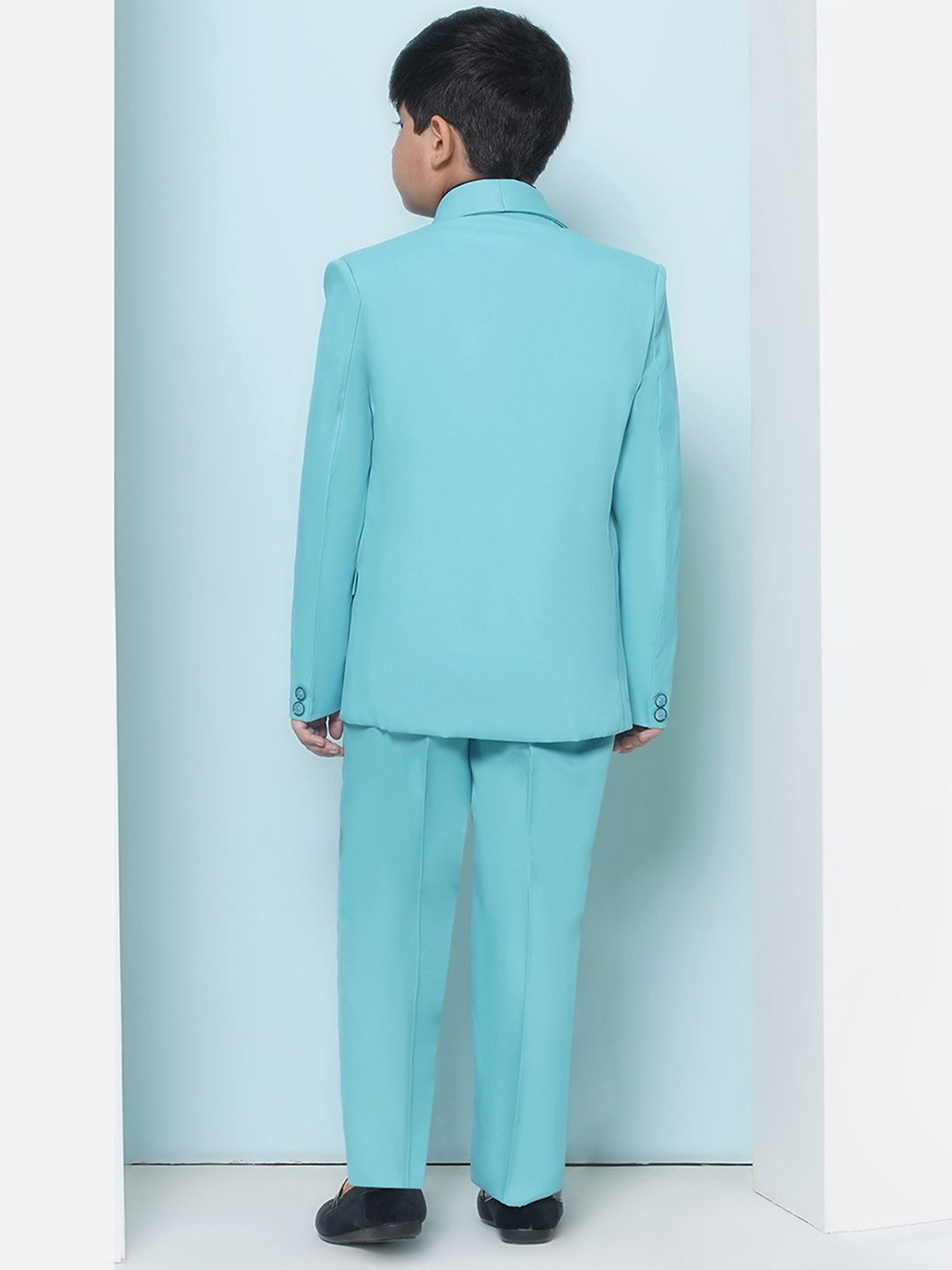 AJ Dezines Kids Sky Blue & Black Solid Full Sleeves Shirt, Pants, Coat, Waistcoat with Tie