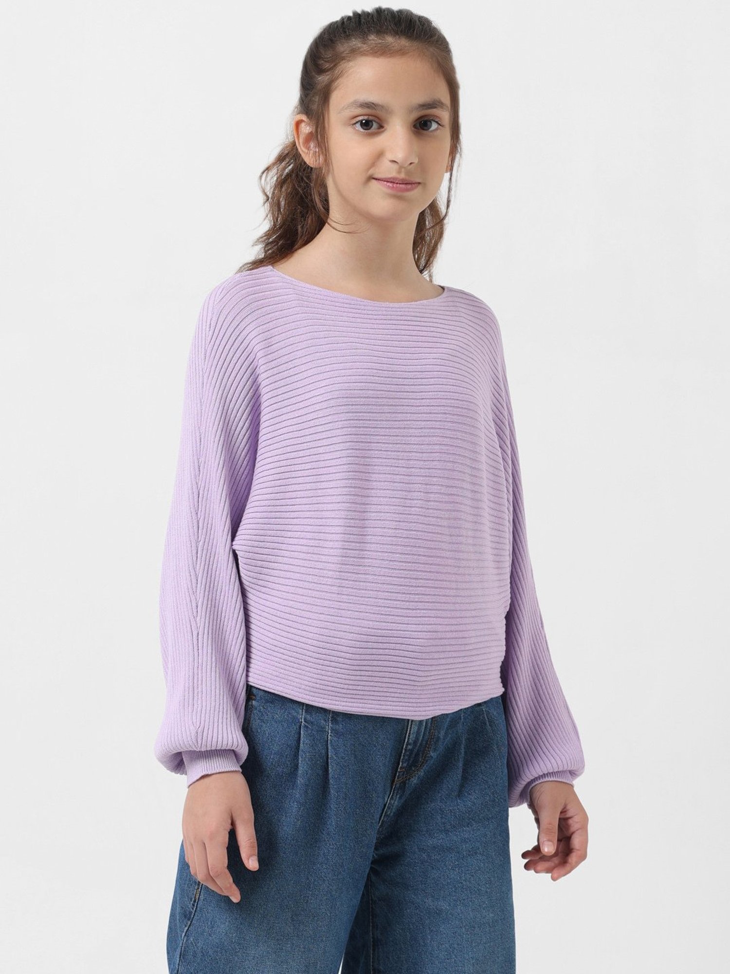 VERO MODA GIRL Lavender Self Design Full Sleeves Sweater