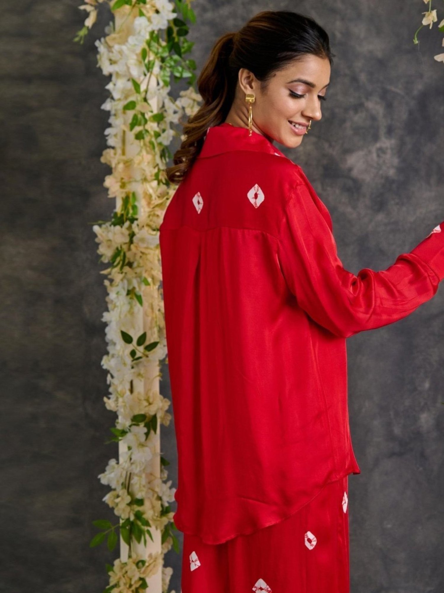 Gulaal Red Bandhani Modal Satin Shirt with Pant