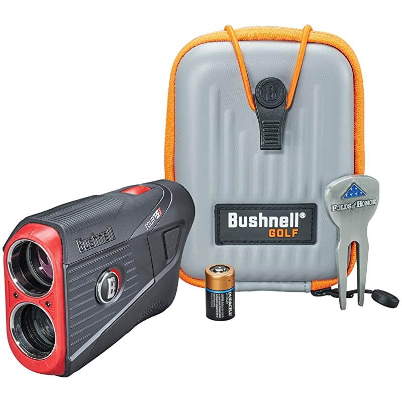 Bushnell Tour V5 (Standard) Golf Laser Rangefinder Patriot Pack  Bundle | +Carrying Case, Divot Tool,  Microfiber Towel and Two Batteries | Pinseeker Jolt, 6X Mag | 201901P