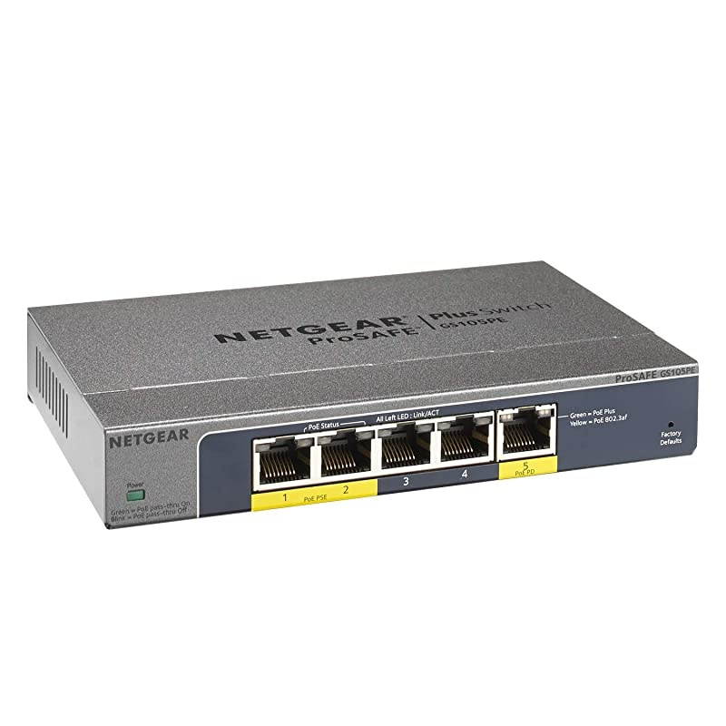 5-Port PoE Gigabit Ethernet Plus Switch (GS105PE) - Managed, with 2 x PoE PD Powered @ 19W Pass-thru, Desktop or Wall Mount, and Limited Lifetime Protection