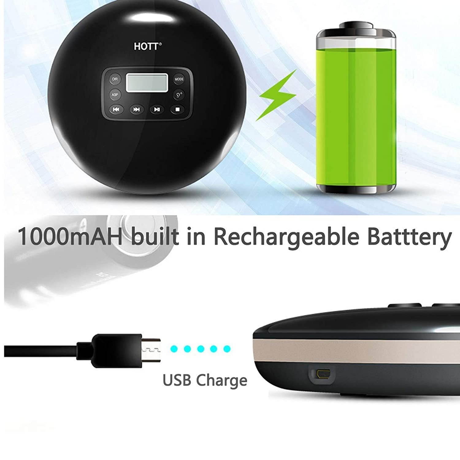 CD Player with Headphones, HOTT Personal CD Walkman Music Player with LCD Display, Skip Protection Shockproof Anti Scratch Function, Support CD, MP3 CD, CD-R, CD-RW Format - Black