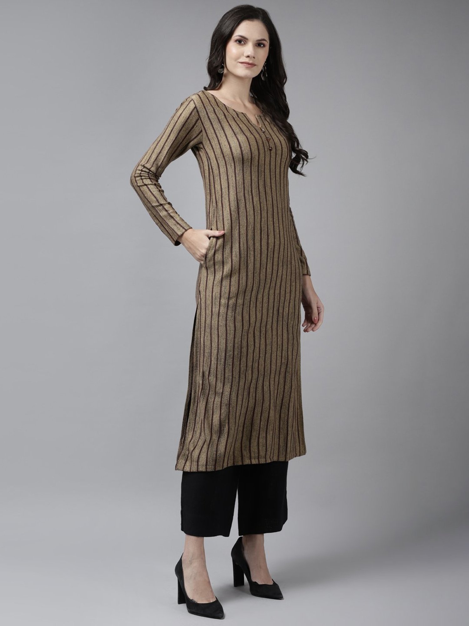 Cayman Camel Brown Wool Striped Straight Kurta