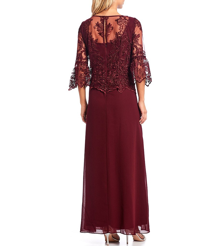 Le Bos A-Line 3/4 Bell Sleeve Lace Popover Cascade Long Gown