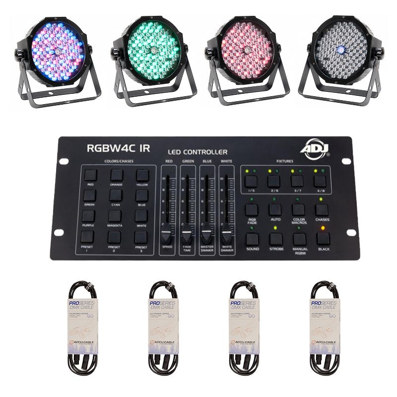 ADJ Mega Par RGB + UV LED Light (4 Pack) & ADJ 32 Channel DMX Lighting Controller & ADJ 10-Foot 3-Pin Male to Female DMX Cable for DJ Sets (4 Pack)