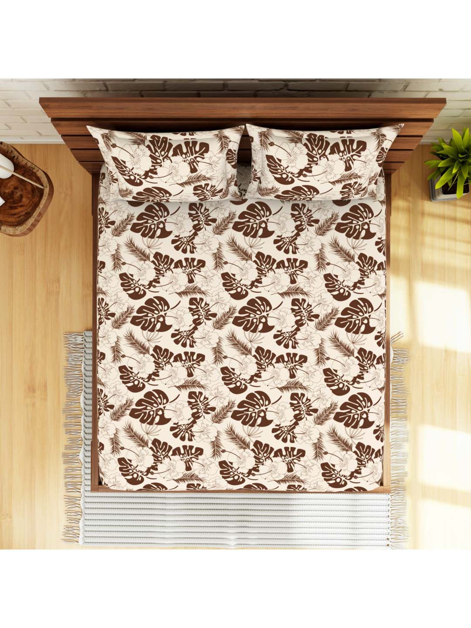 SWHF Beige & Brown Cotton 111 TC Double Bedsheet Sets