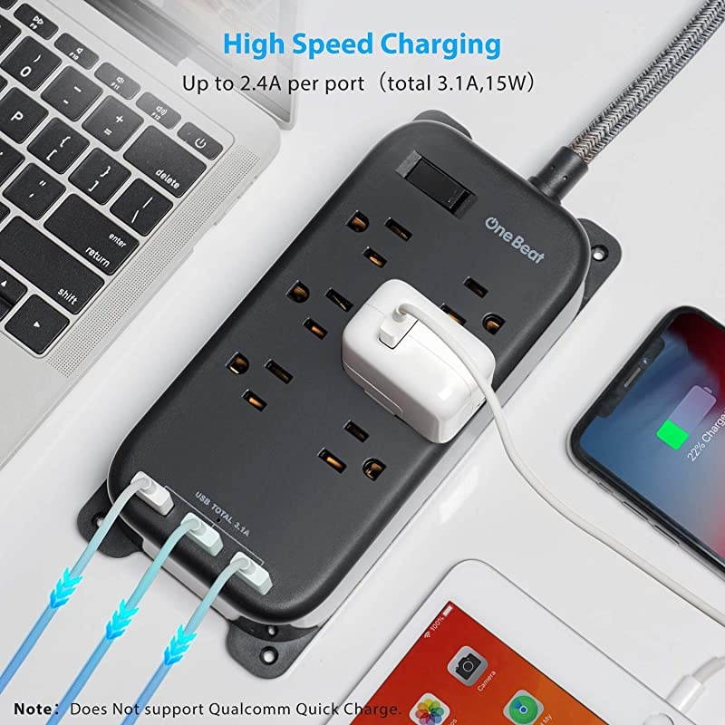 6 Outlets Power Strip with 3 USB (3.1A,15W),  Wall Mountable Power Strip Flat Plug with 6Ft Braided Extension Cord, Overload Protection for Travel Desk Office Home Cruise Ship