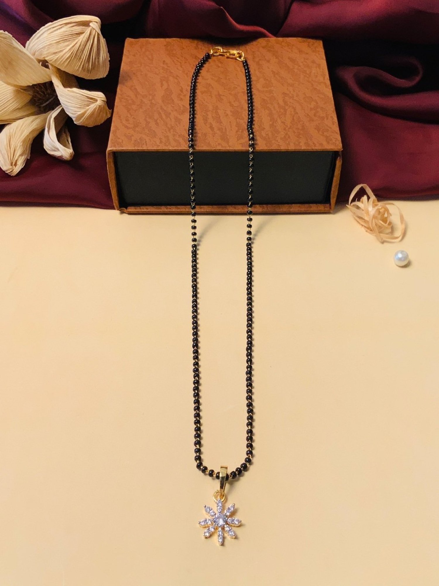 Abdesigns Gold-Plated American Diamond & Black Beaded Mangalsutra