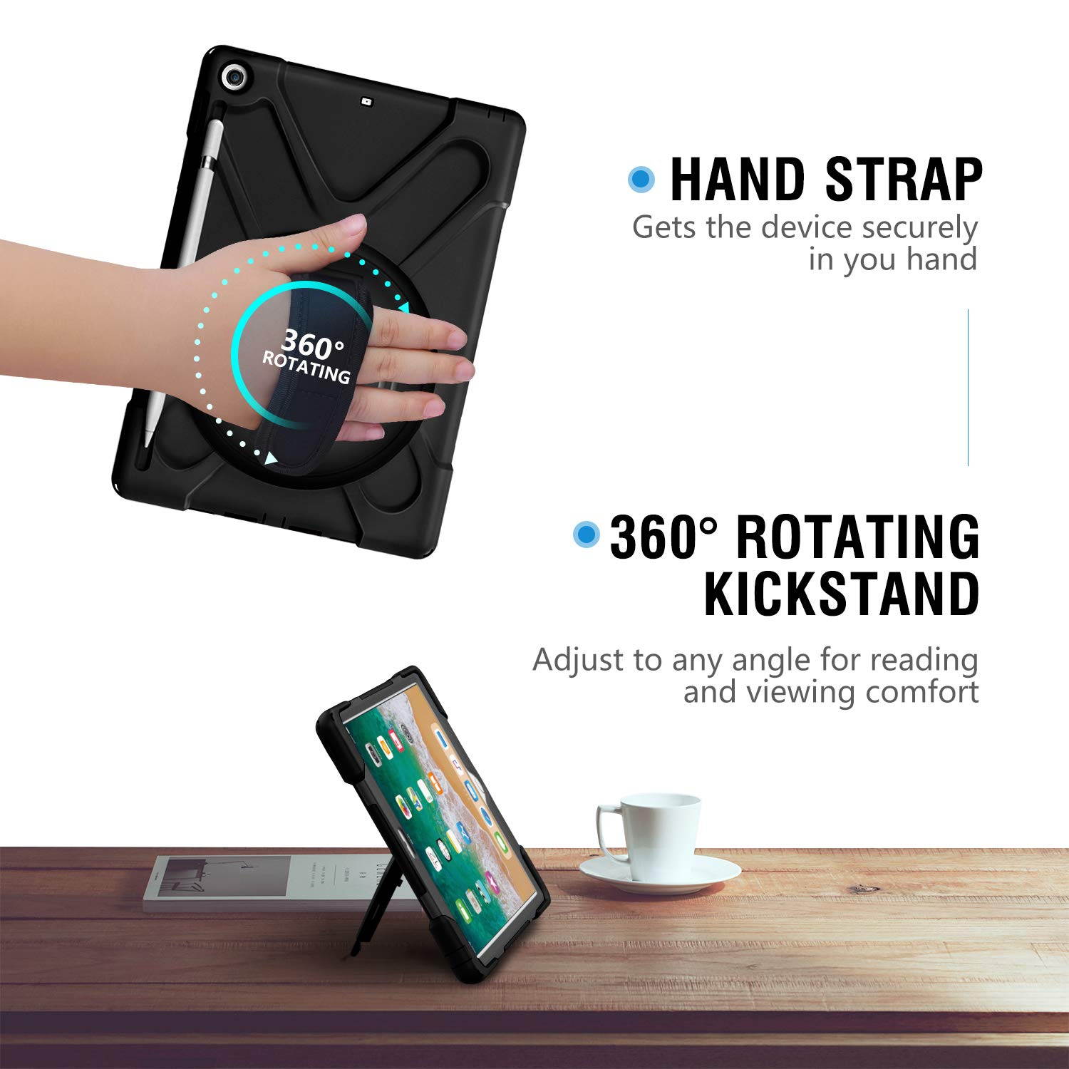 MoKo Fit 2018/2017 iPad 9.7 6th/5th Generation - Shockproof Protection Rugged Protective Heavy Duty iPad Case With 360 Degree Rotate Stand, Hand Strap, Shoulder Strap, Pencil Holder - Black