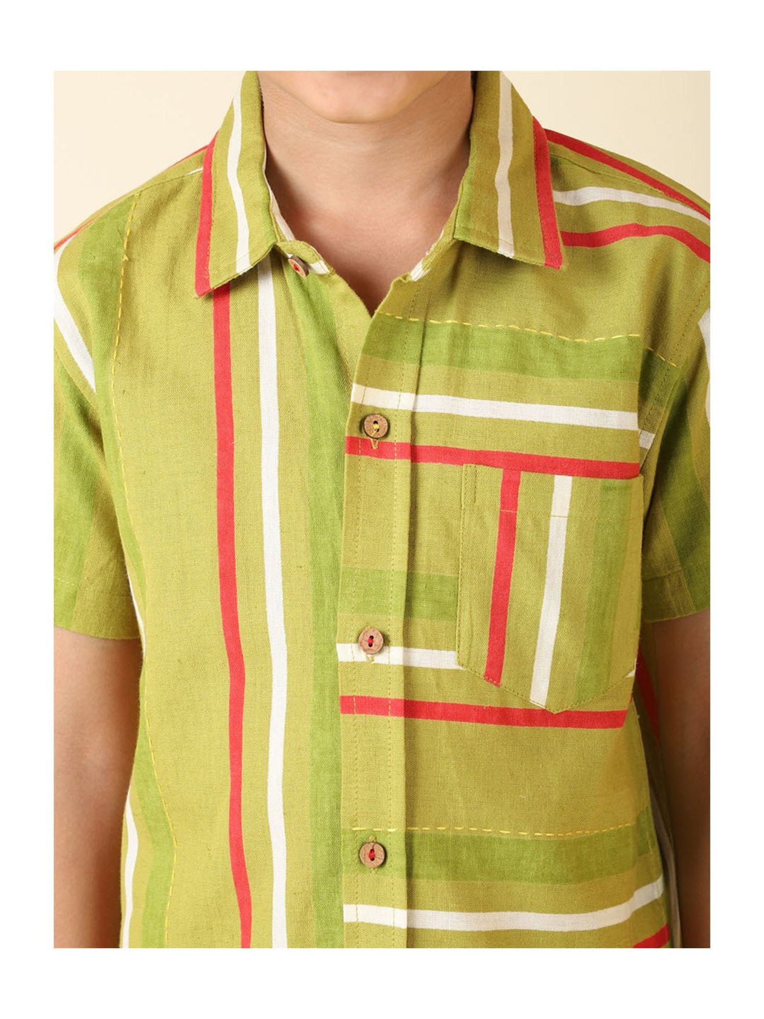 Fabindia Kids Green Striped Shirt