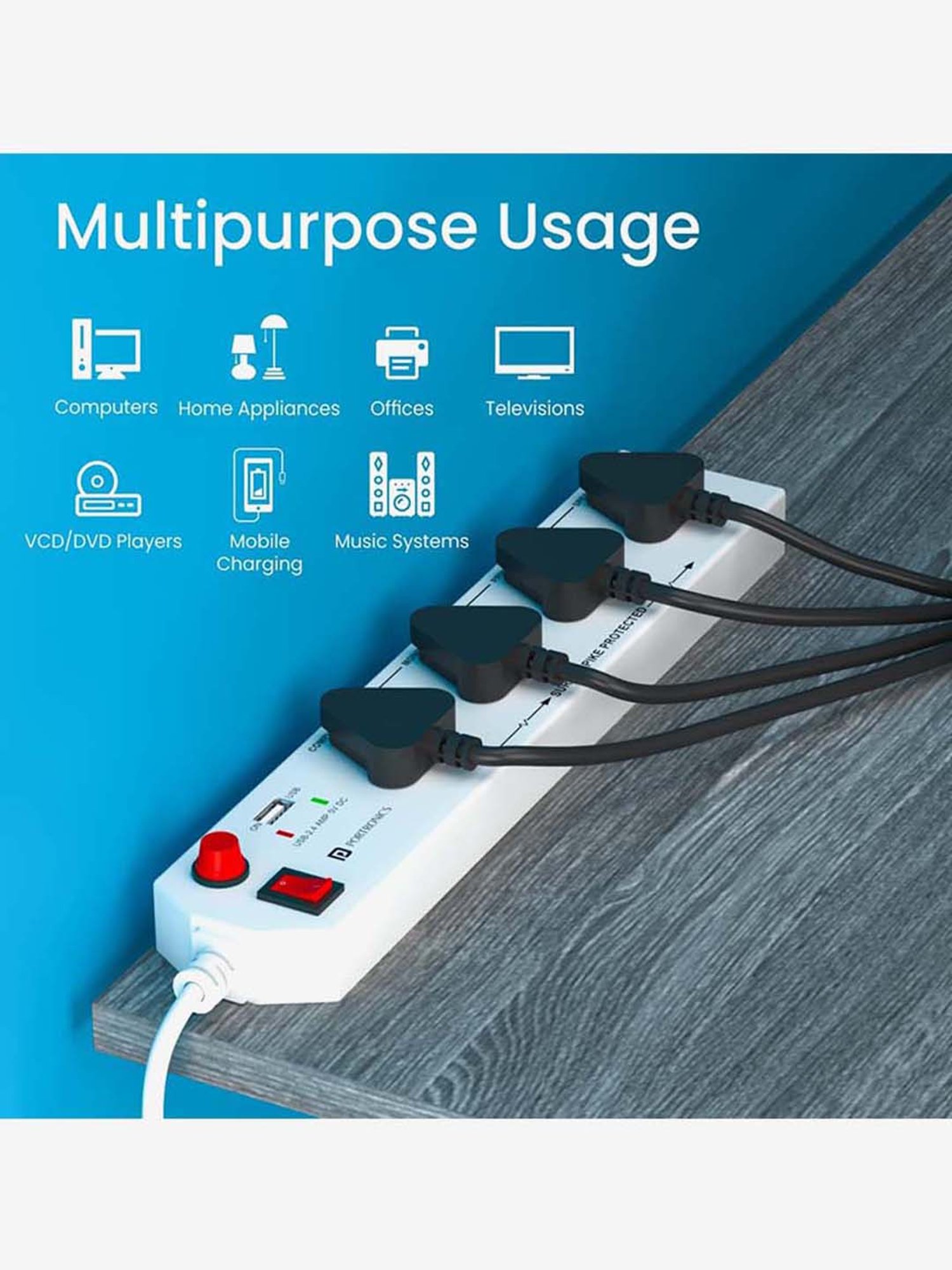 Portronics Power Plate 4 POR-1292 with 4 Power Sockets and USB Port Surge Protector (White)