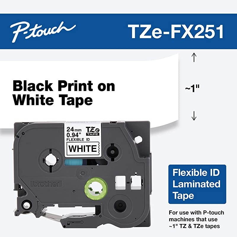 Genuine Ptouch TZEFX251 Tape 1 094 Wide FlexibleID Laminated Tape Black on White Best Suited for Wire Wrapping and Flagging WaterResistant 094 x 262 24mm x 8M TZEFX251