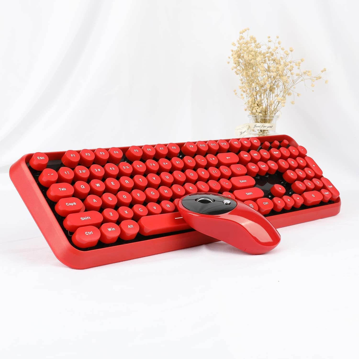 Wireless Keyboard and Mouse Combo, 2.4G Cute Round Mute Keyboard Mouse Set for Laptop, Computer, Mac(Red Black)