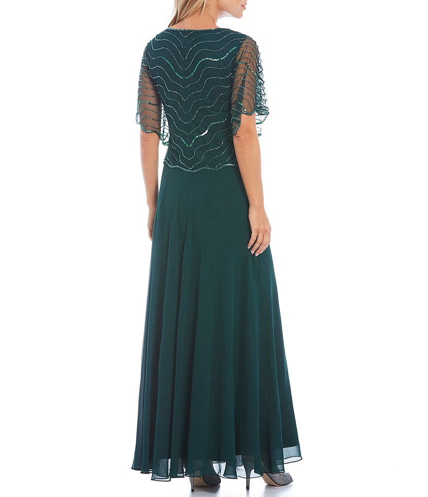 Jkara Beaded Bodice Round Neck Short Flutter Sleeve A-Line Gown