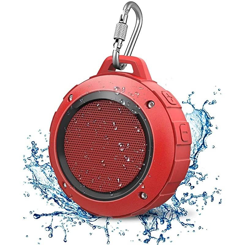 Outdoor Waterproof Bluetooth Speaker, Wireless Portable Mini Shower Travel Speaker with Subwoofer, Enhanced Bass, Built in Mic for Sports, Pool, Beach, Hiking, Camping (Red)