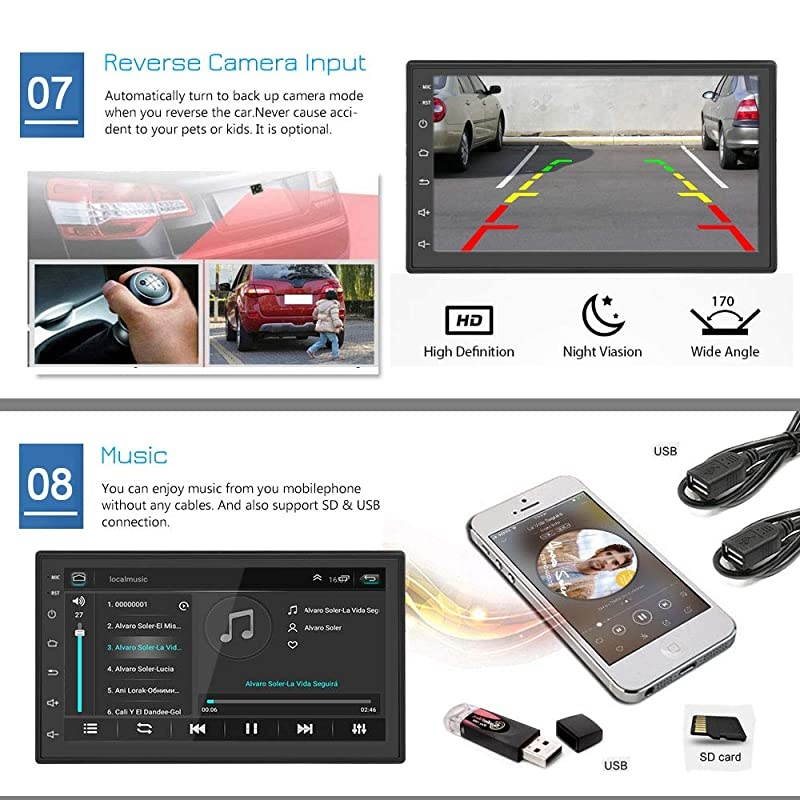 Double Din Car Stereo with GPS Navigation Bluetooth FM Radio Reciever 7 Inch Capacitance Touch Screen Support WiFi Connect Mirror Link for iOS Phones + Dual USB Cable Backup Camera