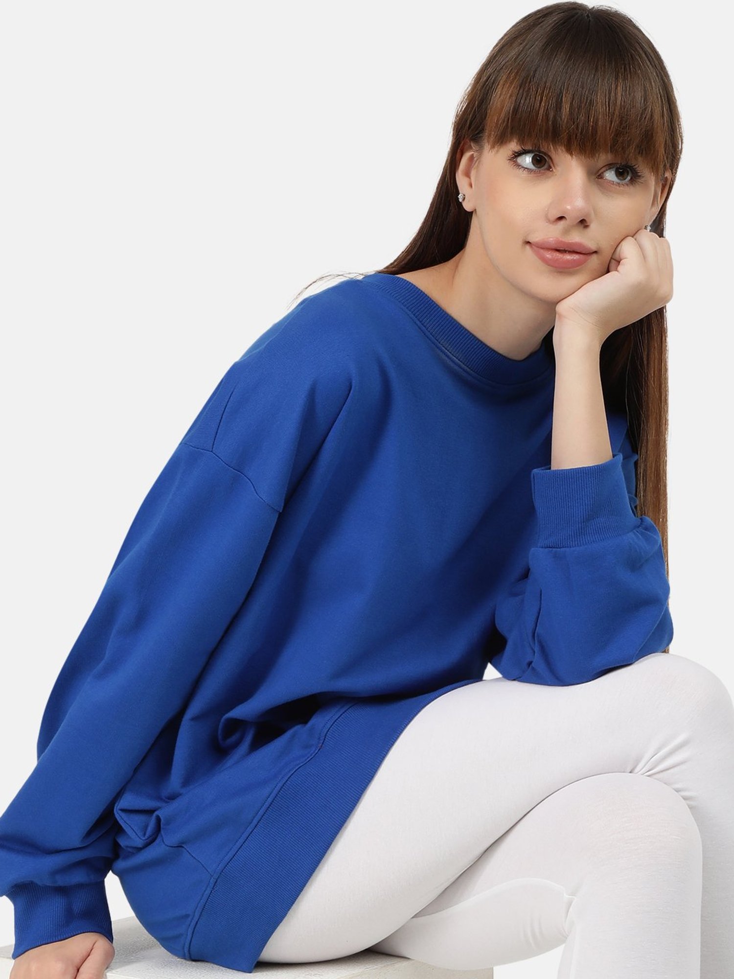 Bene Kleed Blue Cotton Relaxed Fit Oversized Sweatshirt