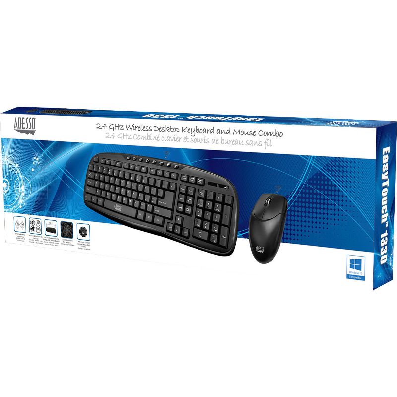 Adesso WKB-1330CB - 2.4 GHz Wireless Desktop Keyboard and Mouse Combo - Retail - USB Wireless RF 103 Key - English (US) - USB Wireless RF Optical