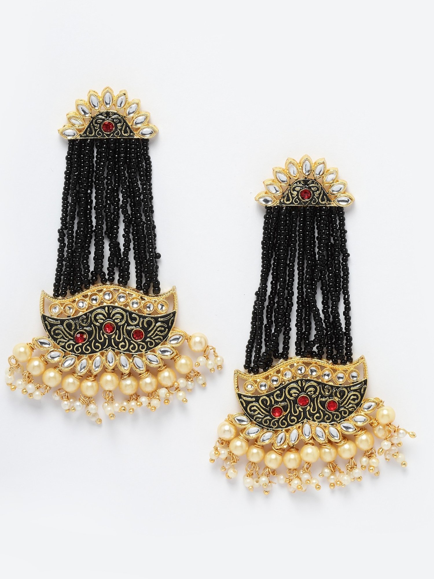 Moedbuille Meenakari Work Kundan & Pearl Studded Gold-Plated Traditional Tassel Dangler Earrings
