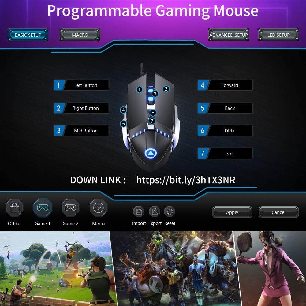 LENRUE Gaming Mouse Wired Ergonomic Computer Mice with 7 Programmable Buttons 4 Circular & Breathing LED Light 4 Adjustable DPI Up to 3200 for PC Mac Laptop and Gamer