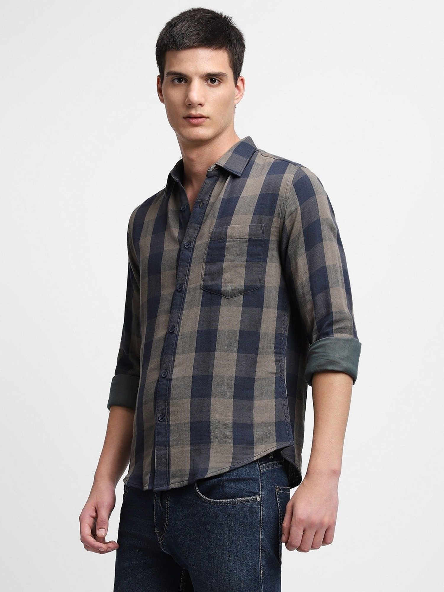 Dennis Lingo Green & Blue Cotton Slim Fit Checks Shirt