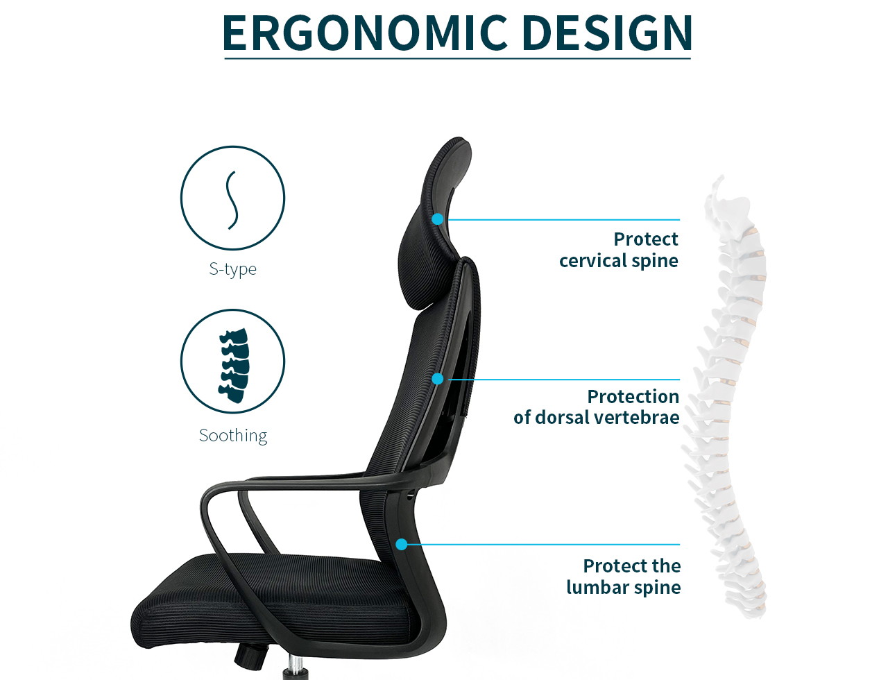 GIAS Ergonomic High-back Mesh Office Chair With Adjustable Headrest Fixed Armrest Lumbar Support&Thick Seat Cushion Swivel Computer Task Chair,black