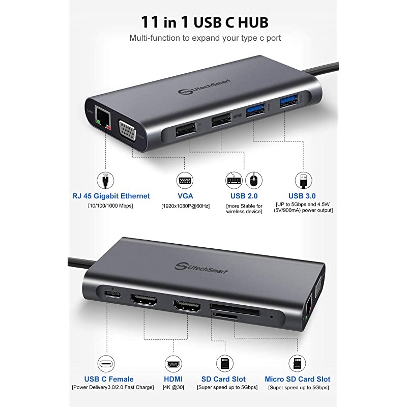 USB C Hub  Triple Display USB Type C Adapter Docking Station with 2 HDMI VGA Power Delivery Type C PortSD TF Card Reader 4 USB Ports USBC Dock Compatible for MacBook Other USBC Laptop