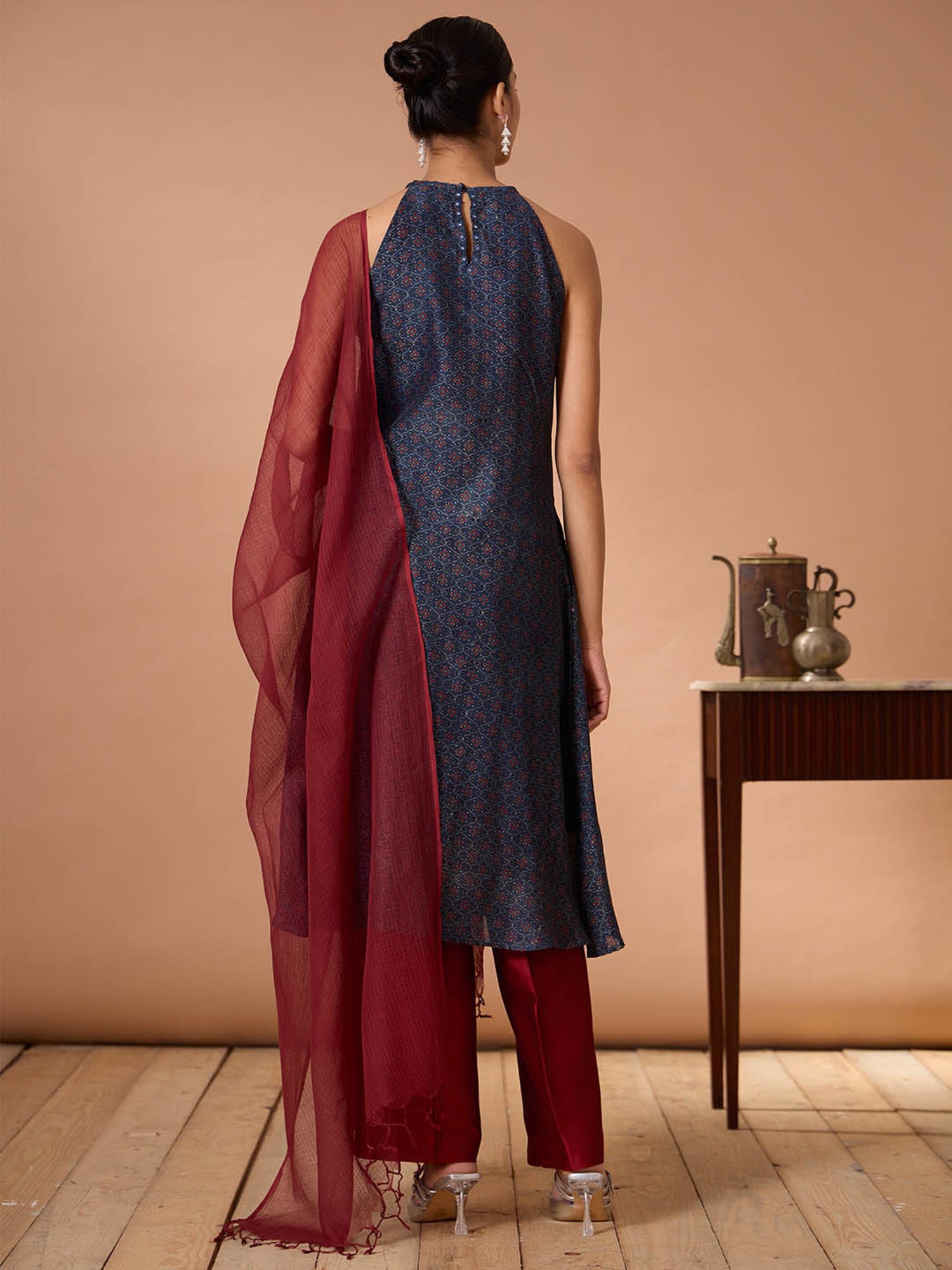 Okhai Blue & Maroon Printed Kurta With Pant & Dupatta