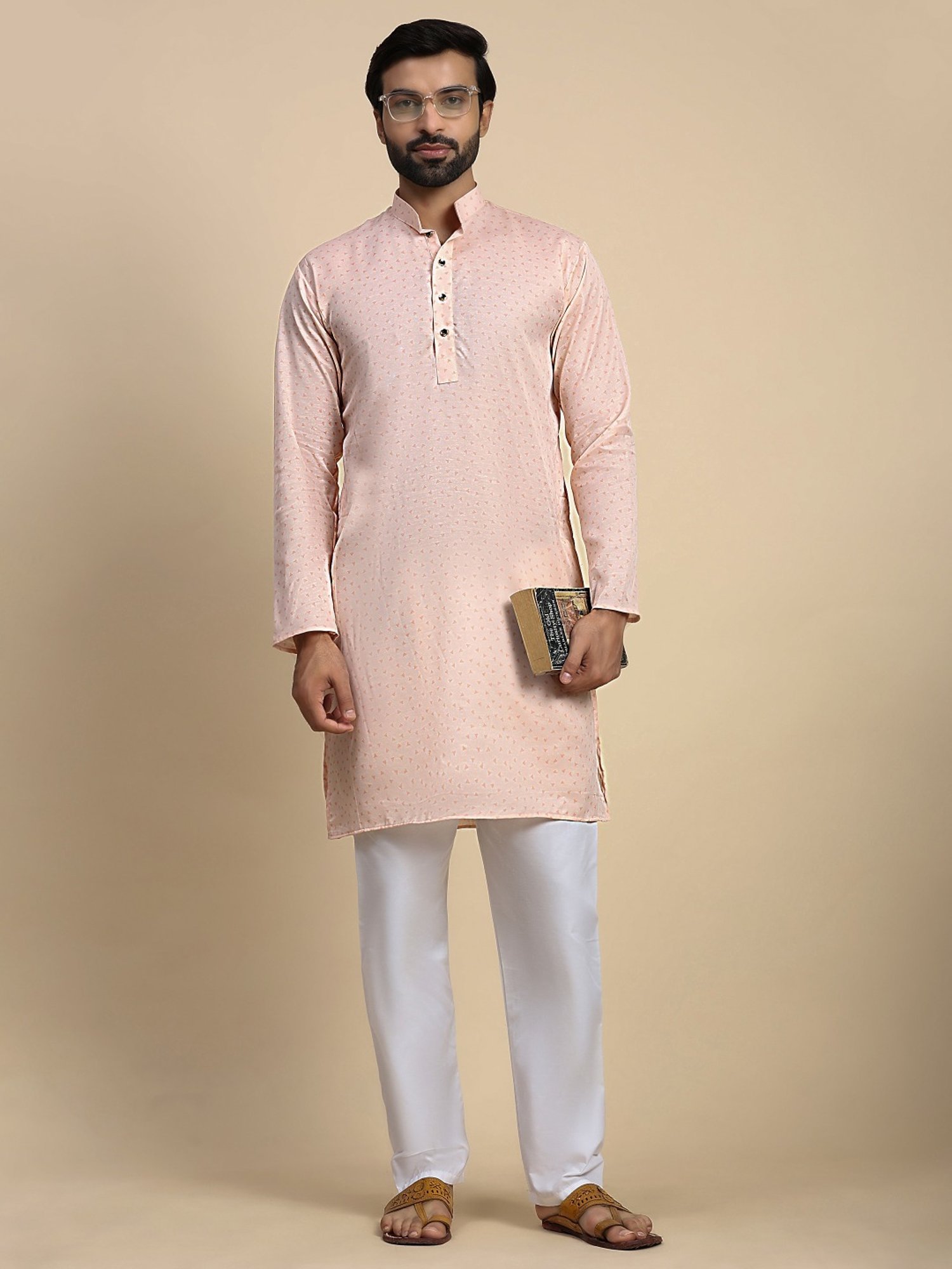 Pro-Ethic Style Developer Peach & White Cotton Regular Fit Printed Kurta Bottom Set