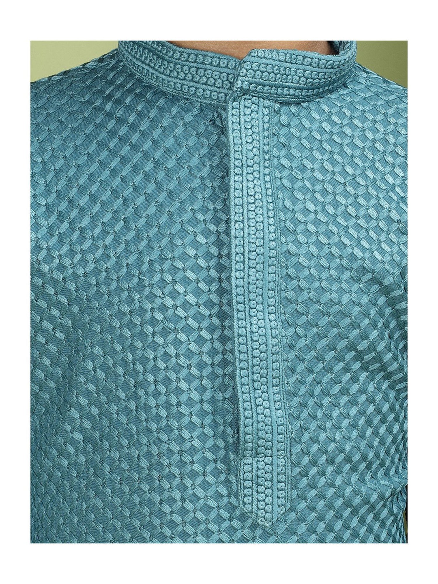 TABARD Cotton Full Sleeve Regular Fit Chikankari Embroidery Green Kurta Set For Kids