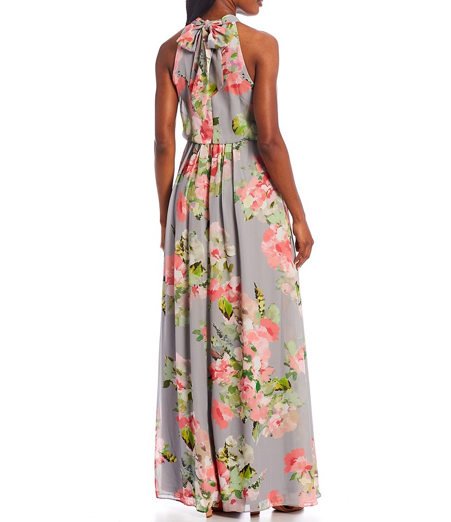 Adrianna Papell Halter Floral Print Chiffon Blouson Gown