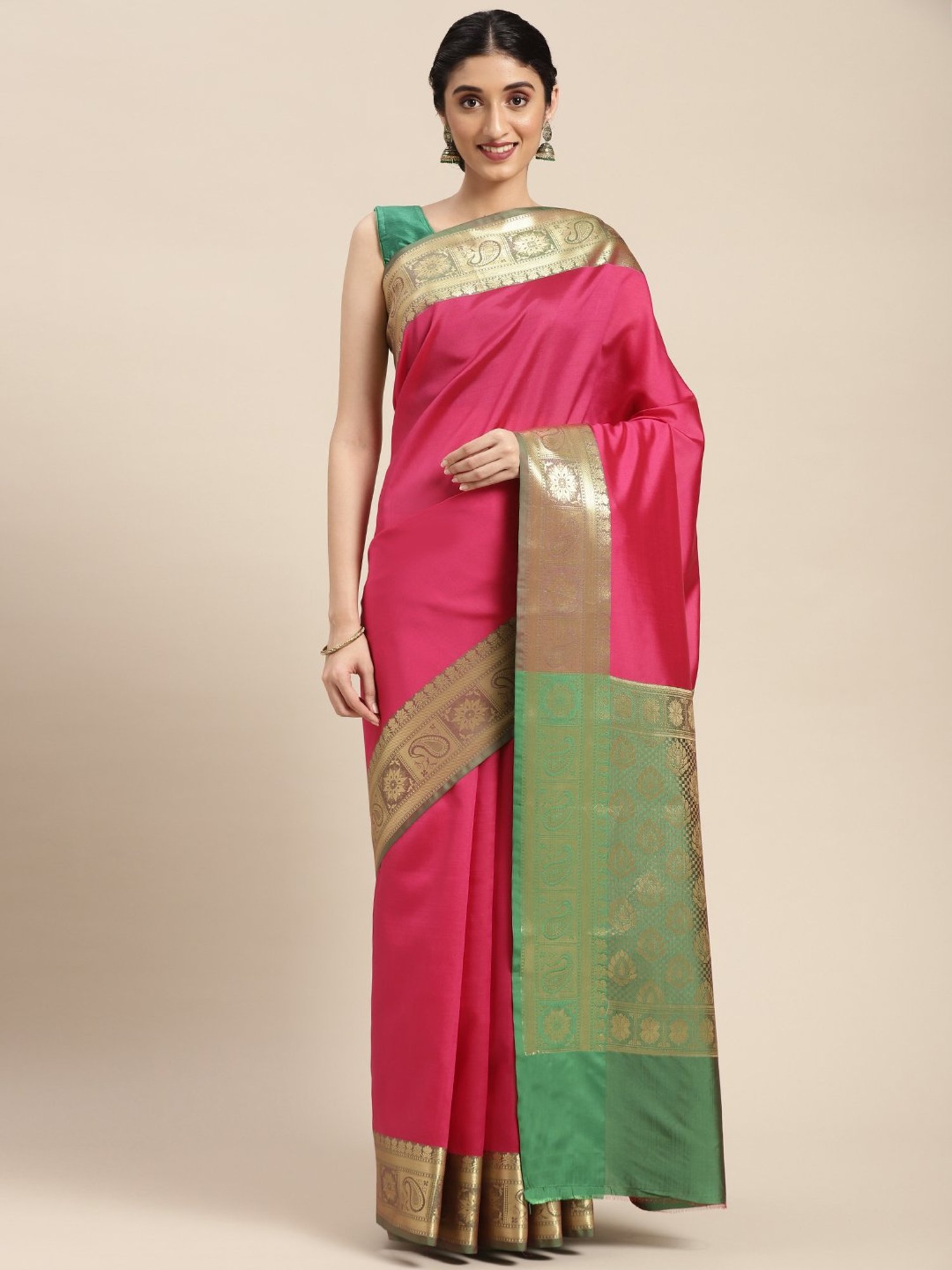 Banarasi Silk Works Pink Woven Saree With Unstitched Blouse