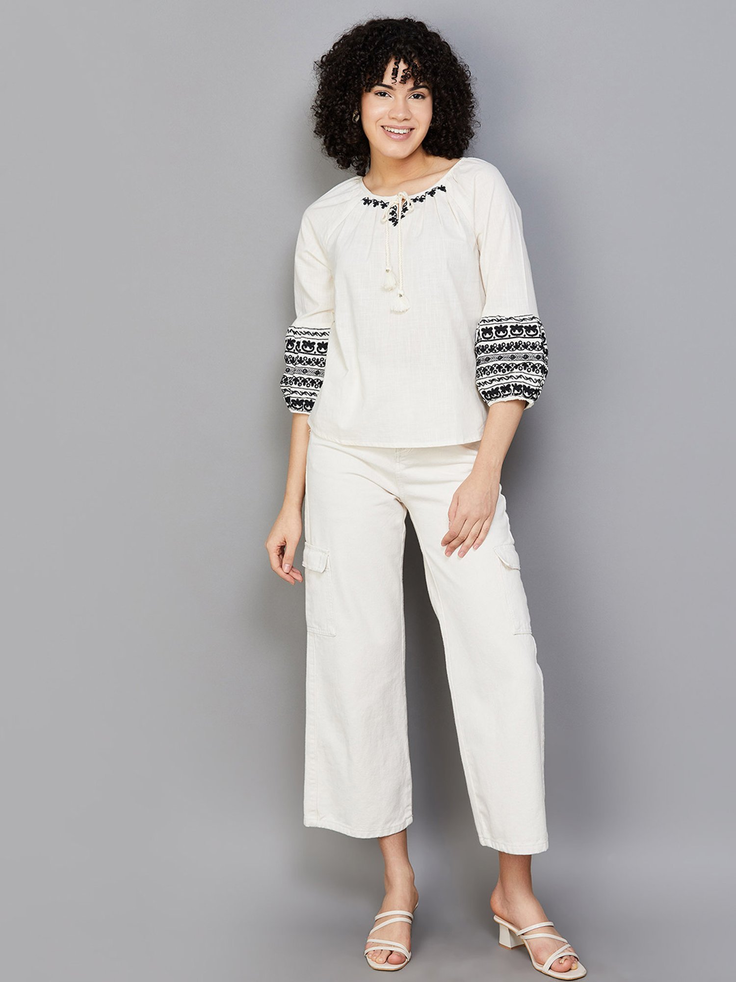 Colour Me by Melange Beige Embroidered Top