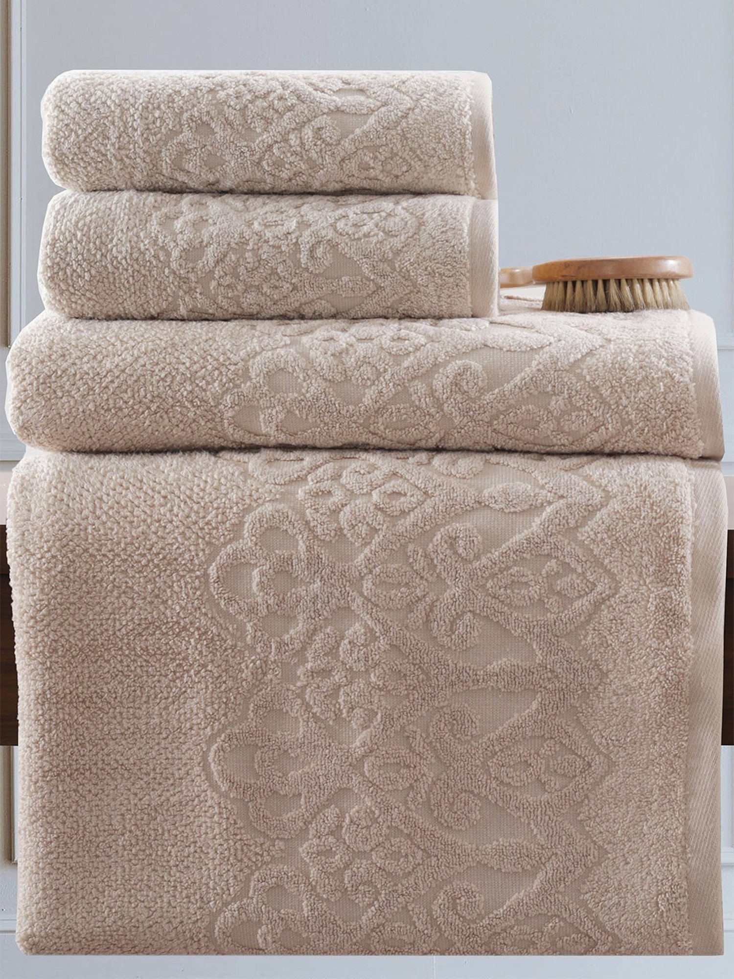 Maspar Beige Self Design Pure Cotton 550 GSM Towels (Set Of 4)
